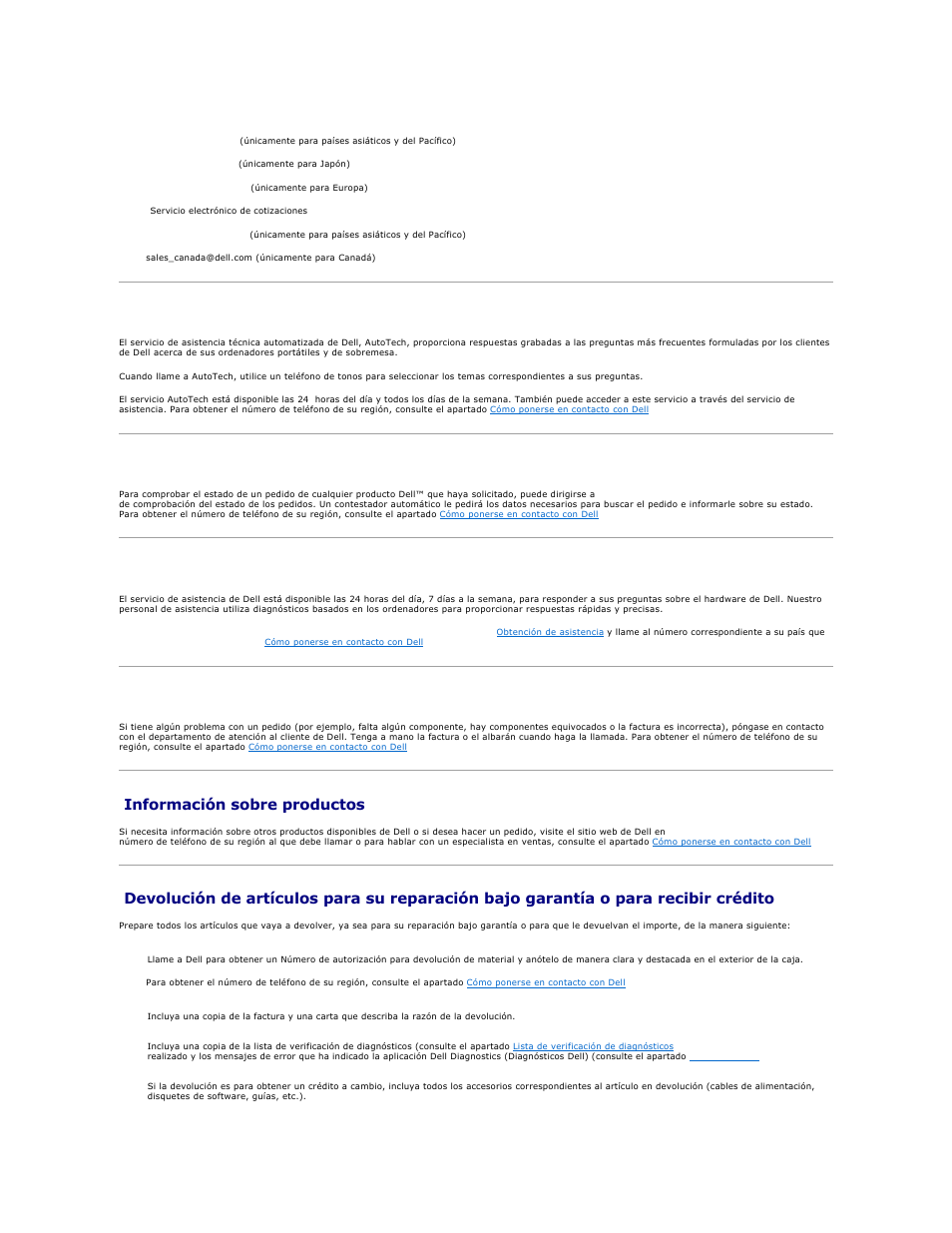 Servicio autotech, Servicio de asistencia, Problemas con su pedido | Información sobre productos | Dell XPS M2010 (MXP061, Mid 2006) User Manual | Page 38 / 119