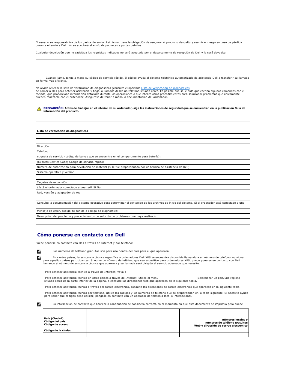 Antes de llamar, Cómo ponerse en contacto con dell, Realice una copia de la | Lista de verificación de diagnósticos, Consulte el apartado, Aparece en la lista del apartado, Región, consulte el apartado | Dell XPS M2010 (MXP061, Mid 2006) User Manual | Page 39 / 119