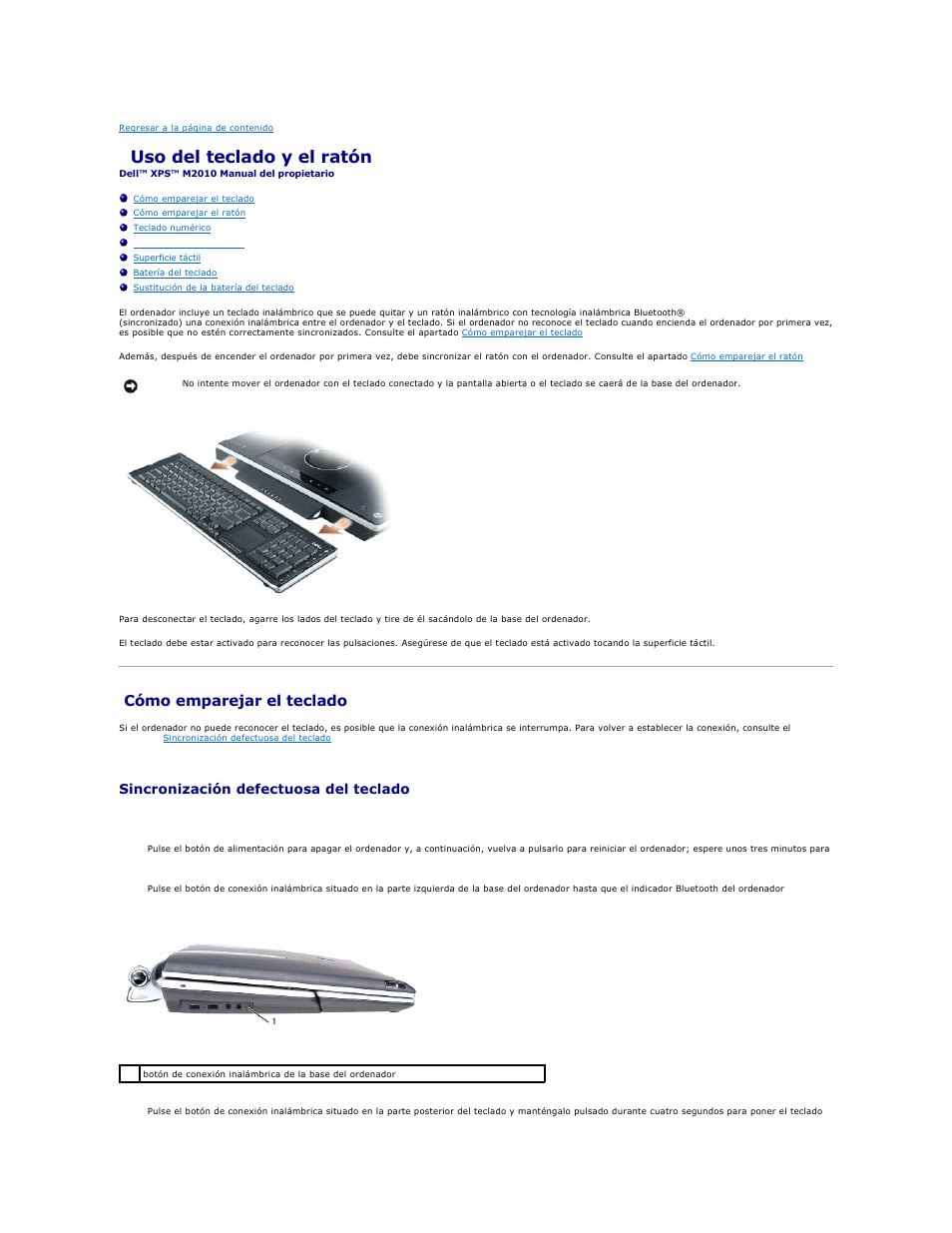 Uso del teclado y el ratón, Cómo emparejar el teclado, Sincronización defectuosa del teclado | Dell XPS M2010 (MXP061, Mid 2006) User Manual | Page 50 / 119