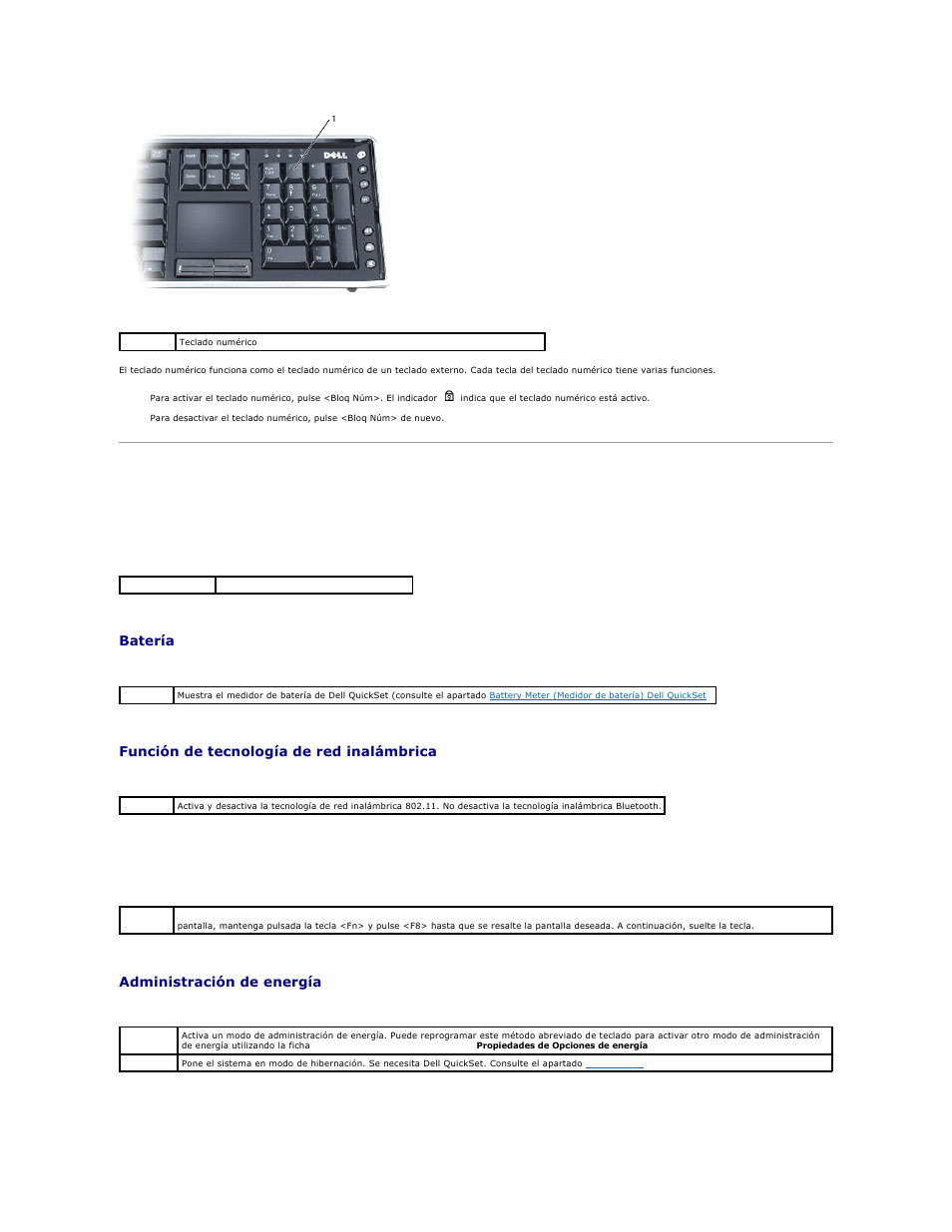 Combinaciones de teclas, Funciones del sistema, Batería | Función de tecnología de red inalámbrica, Conmutador de pantalla, Administración de energía | Dell XPS M2010 (MXP061, Mid 2006) User Manual | Page 53 / 119