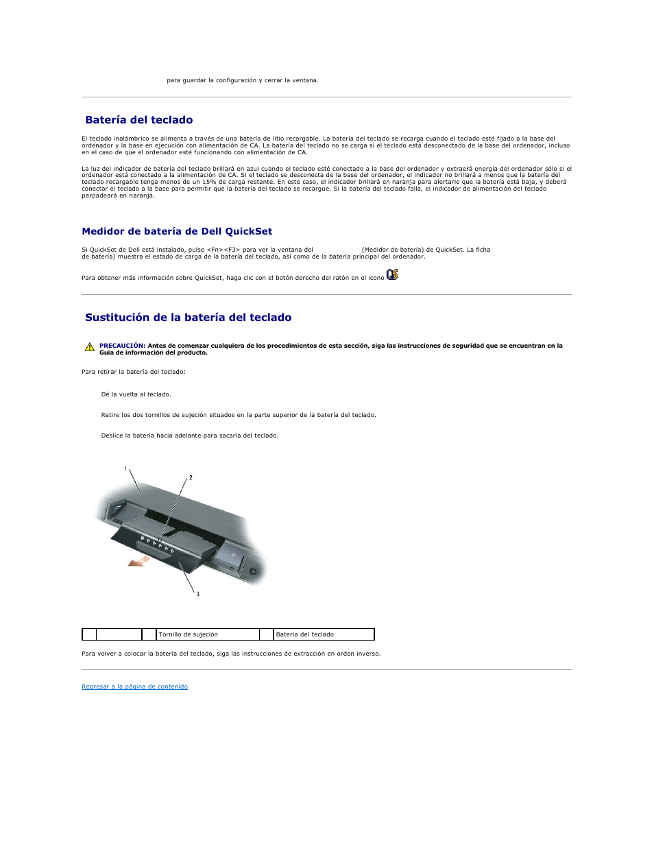 Batería del teclado, Sustitución de la batería del teclado, Medidor de batería de dell quickset | Dell XPS M2010 (MXP061, Mid 2006) User Manual | Page 55 / 119