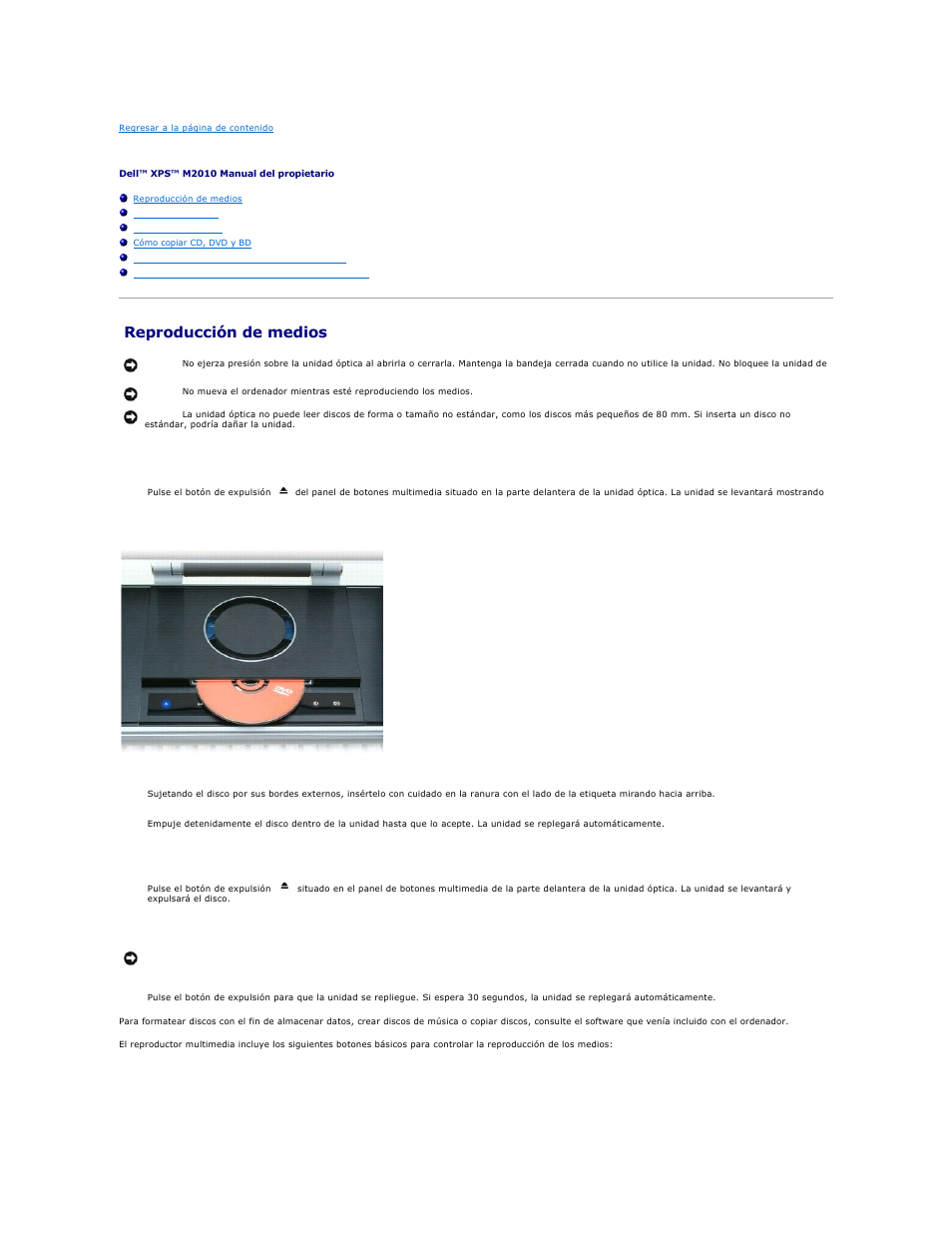 Uso de dispositivos multimedia, Reproducción de medios | Dell XPS M2010 (MXP061, Mid 2006) User Manual | Page 56 / 119