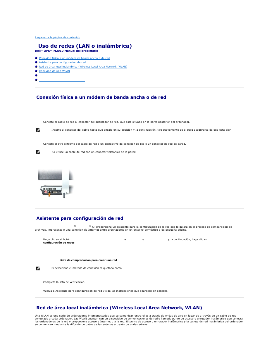 Uso de redes (lan o inalámbrica), Conexión física a un módem de banda ancha o de red, Asistente para configuración de red | Dell XPS M2010 (MXP061, Mid 2006) User Manual | Page 65 / 119
