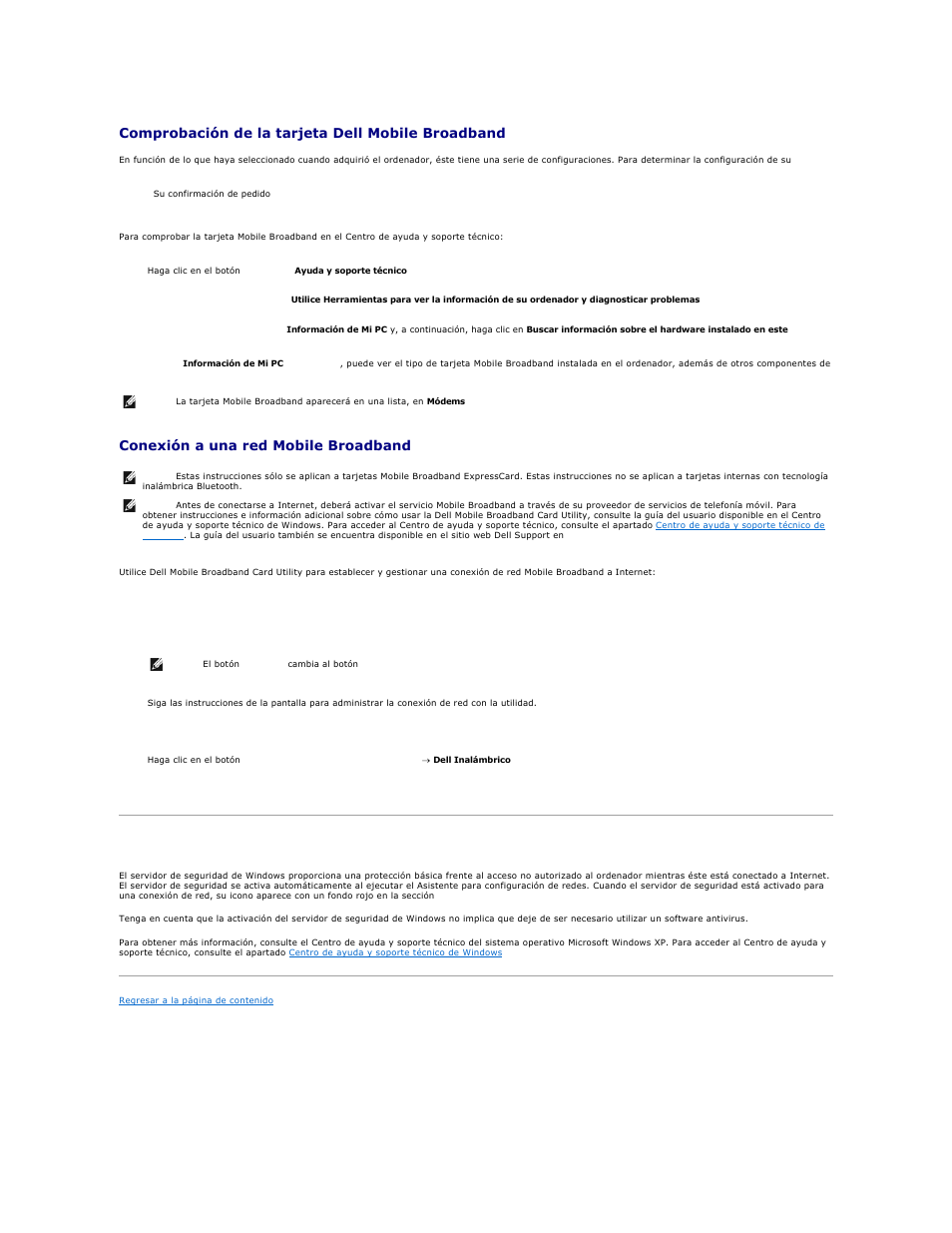 Servidor de seguridad de windows, Comprobación de la tarjeta dell mobile broadband, Conexión a una red mobile broadband | Dell XPS M2010 (MXP061, Mid 2006) User Manual | Page 69 / 119