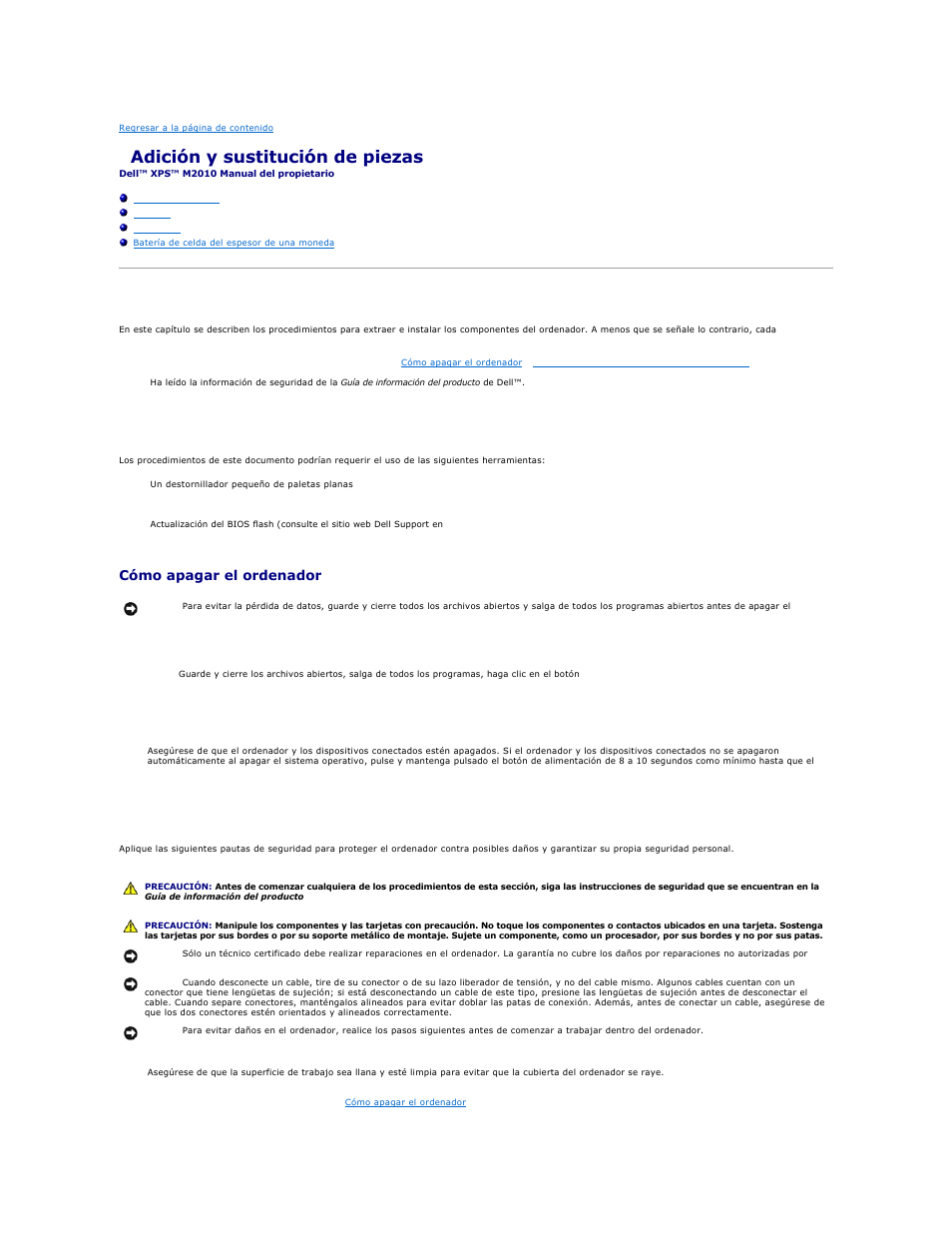 Adición y sustitución de piezas, Antes de comenzar, Herramientas recomendadas | Cómo apagar el ordenador, Antes de trabajar en el interior de su ordenador | Dell XPS M2010 (MXP061, Mid 2006) User Manual | Page 70 / 119
