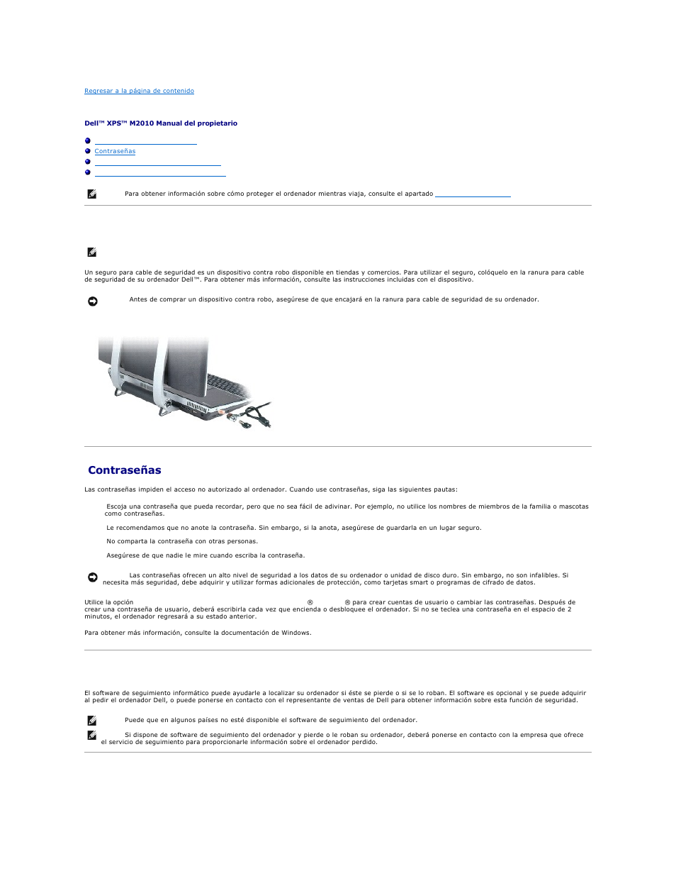 Seguridad del ordenador, Seguro para cable de seguridad, Contraseñas | Software de seguimiento del ordenador, Si el ordenador se pierde o si se lo roban | Dell XPS M2010 (MXP061, Mid 2006) User Manual | Page 77 / 119