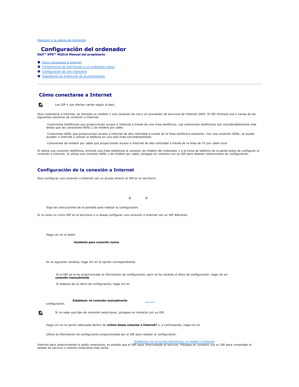 Configuración del ordenador, Cómo conectarse a internet, Configuración de la conexión a internet | Dell XPS M2010 (MXP061, Mid 2006) User Manual | Page 79 / 119