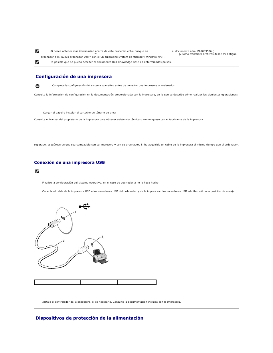 Configuración de una impresora, Dispositivos de protección de la alimentación, Cable de la impresora | Conexión de una impresora usb | Dell XPS M2010 (MXP061, Mid 2006) User Manual | Page 82 / 119