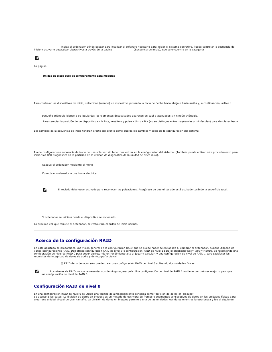 Acerca de la configuración raid, Cambio de la secuencia de inicio, Configuración raid de nivel 0 | Dell XPS M2010 (MXP061, Mid 2006) User Manual | Page 85 / 119