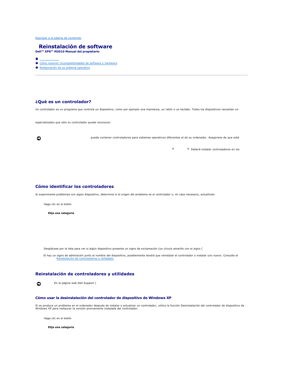Reinstalación de software, Controladores, Qué es un controlador | Cómo identificar los controladores, Reinstalación de controladores y utilidades | Dell XPS M2010 (MXP061, Mid 2006) User Manual | Page 90 / 119