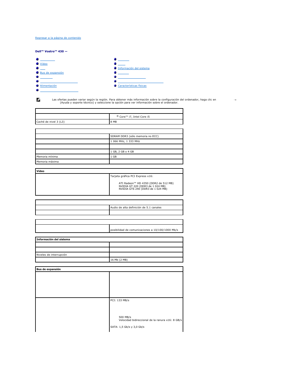 Especificaciones | Dell Vostro 430 (Late 2009) User Manual | Page 11 / 47