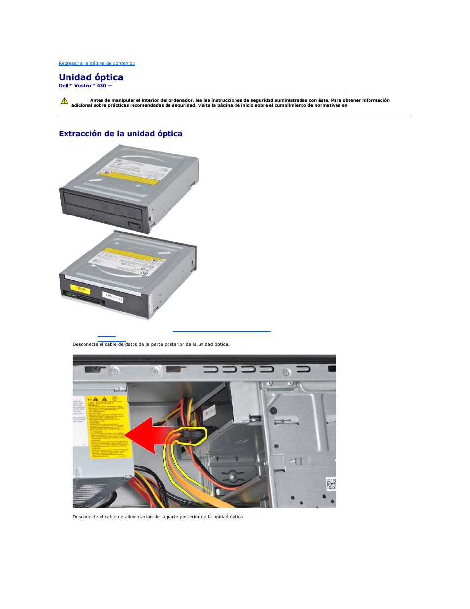 Unidad óptica, Extracción de la unidad óptica | Dell Vostro 430 (Late 2009) User Manual | Page 29 / 47