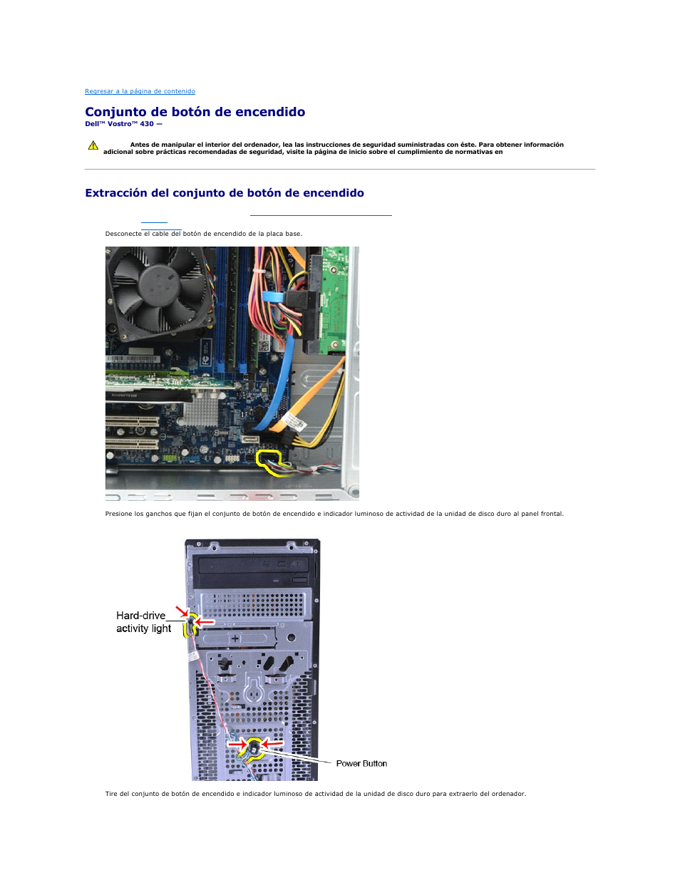 Conjunto de botón de encendido, Extracción del conjunto de botón de encendido | Dell Vostro 430 (Late 2009) User Manual | Page 31 / 47