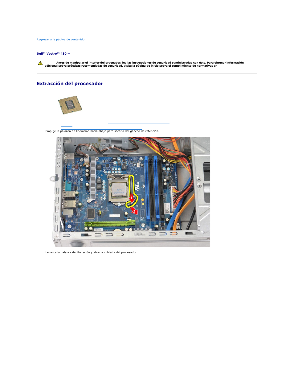 Procesador, Extracción del procesador | Dell Vostro 430 (Late 2009) User Manual | Page 36 / 47
