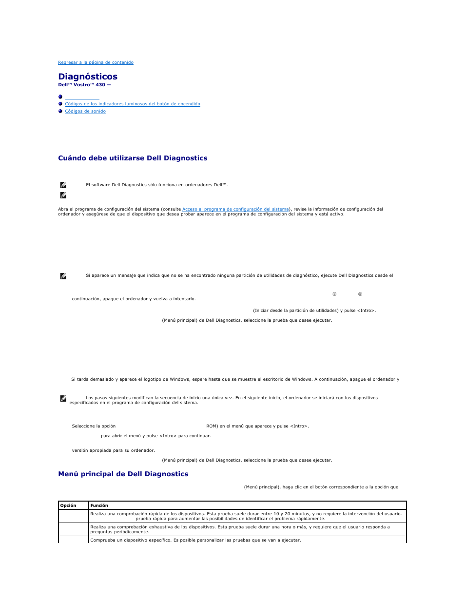 Diagnósticos, Dell diagnostics, Cuándo debe utilizarse dell diagnostics | Menú principal de dell diagnostics | Dell Vostro 430 (Late 2009) User Manual | Page 5 / 47