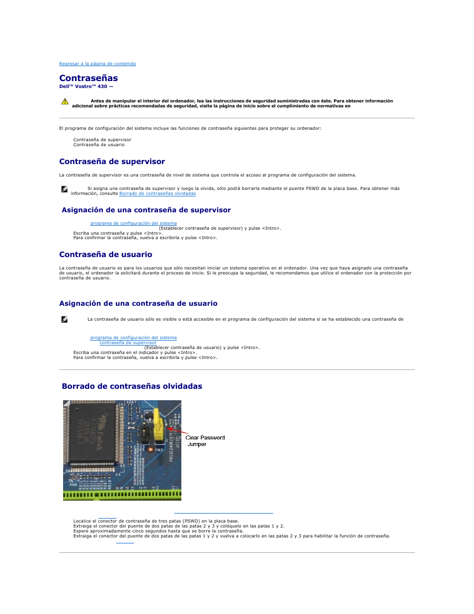 Contraseñas, Contraseña de supervisor, Contraseña de usuario | Borrado de contraseñas olvidadas, Asignación de una contraseña de supervisor, Asignación de una contraseña de usuario | Dell Vostro 430 (Late 2009) User Manual | Page 9 / 47