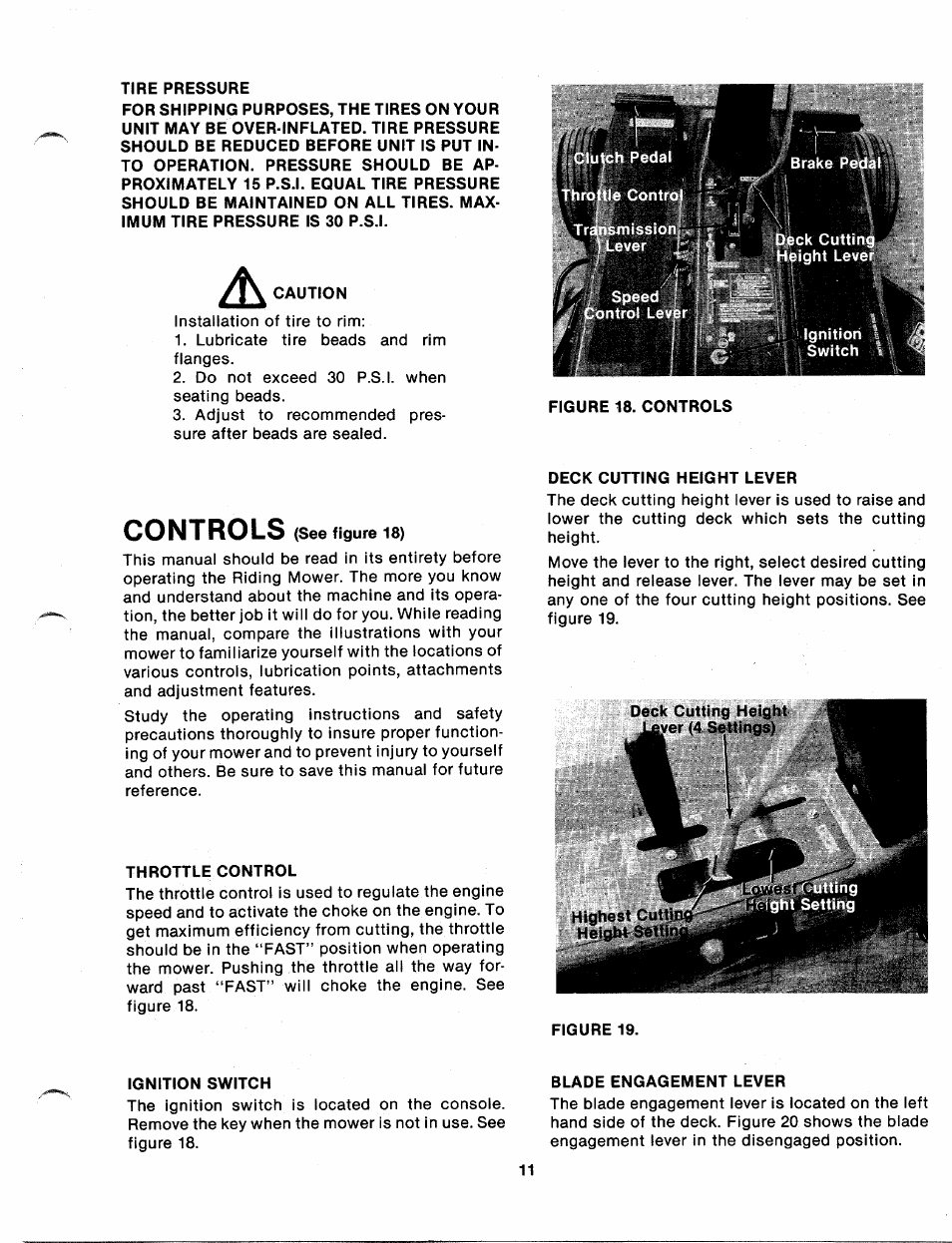 Tire pressure, Caution, Throttle control | Deck cutting height lever, Ignition switch, Blade engagement lever, Controls | Bolens 131-410A User Manual | Page 11 / 36