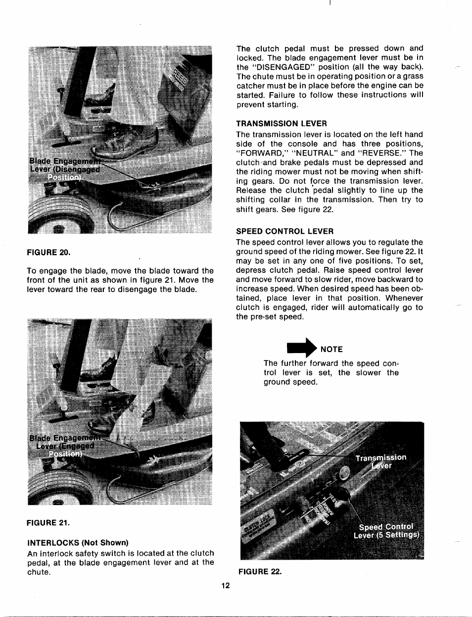 Interlocks (not shown), Transmission lever, Speed control lever | Note | Bolens 131-410A User Manual | Page 12 / 36