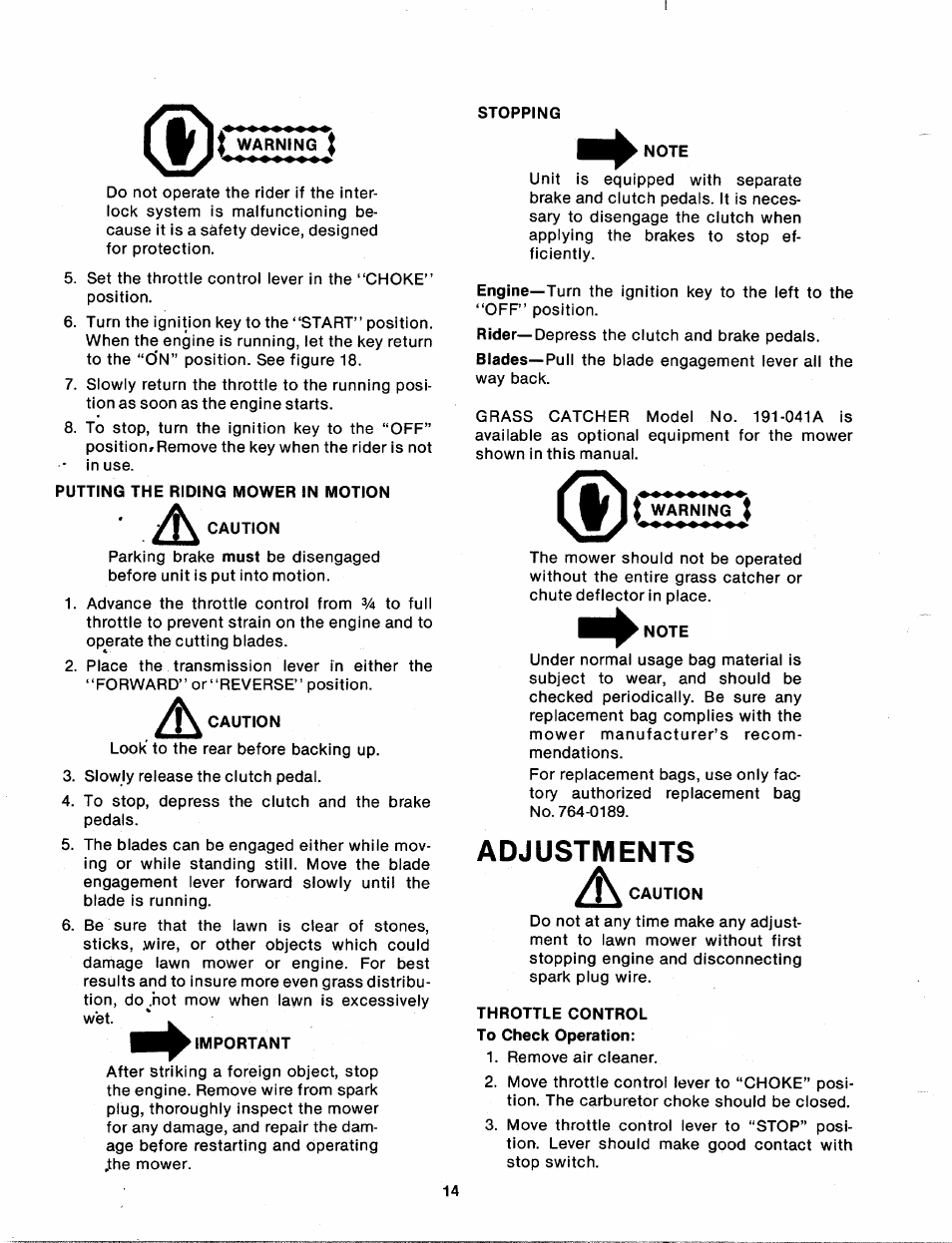 Stopping, I warning j, Putting the riding mower in motion | Caution, Important, Warning, Note, Adjustments, Throttle control to check operation | Bolens 131-410A User Manual | Page 14 / 36