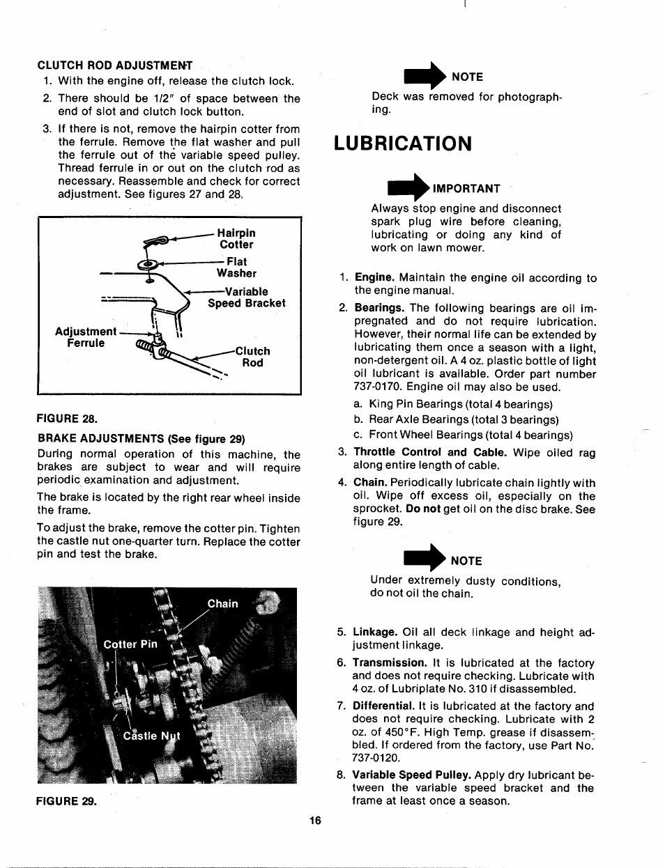 Clutch rod adjustment, Note, Lubrication | Bolens 131-410A User Manual | Page 16 / 36