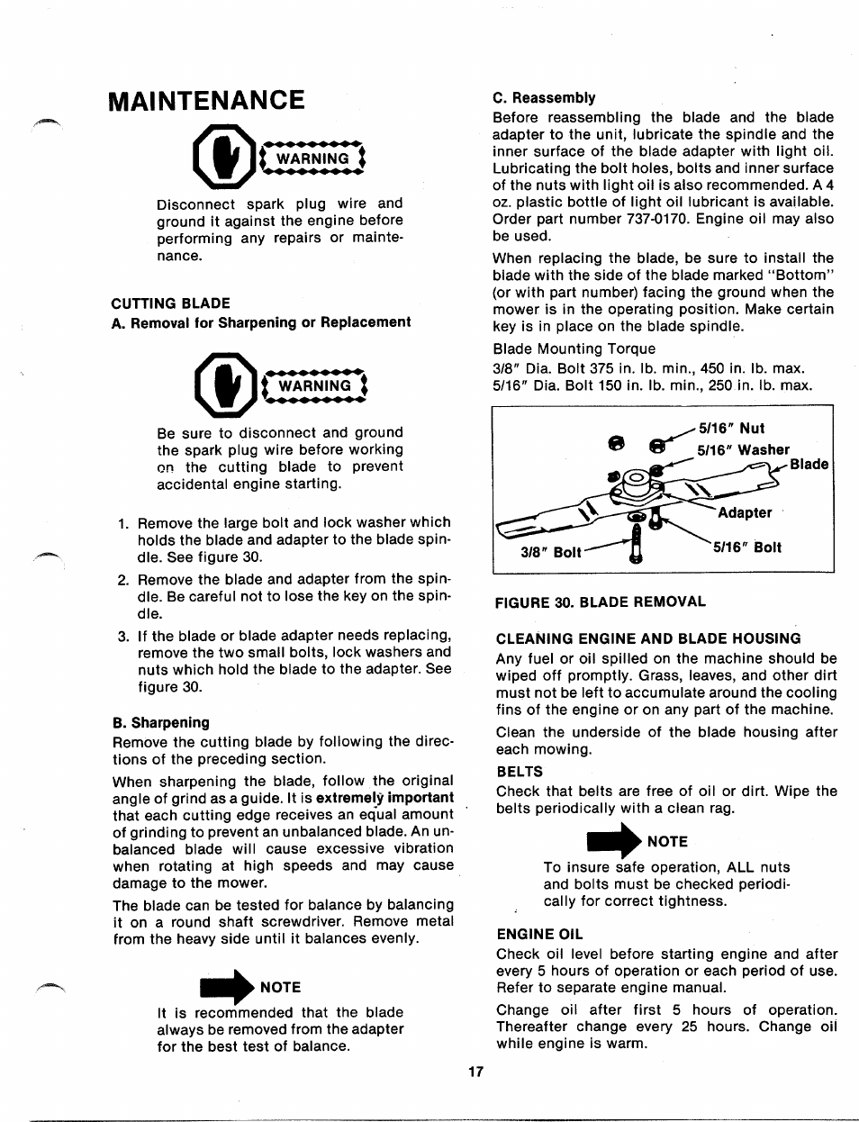Warning, Cutting blade, B. sharpening | Note, Cleaning engine and blade housing, Belts, Engine oil, Maintenance | Bolens 131-410A User Manual | Page 17 / 36