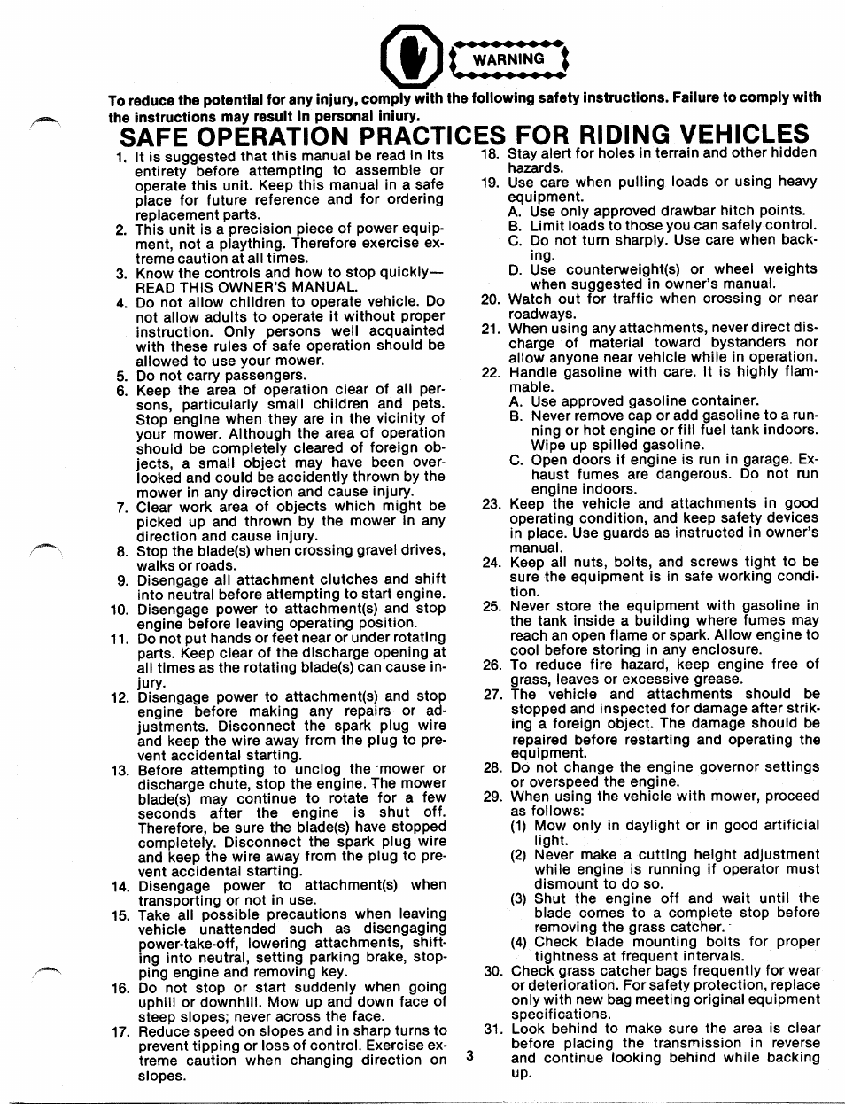 Warning, Safe operation practices for riding vehicles | Bolens 131-410A User Manual | Page 3 / 36