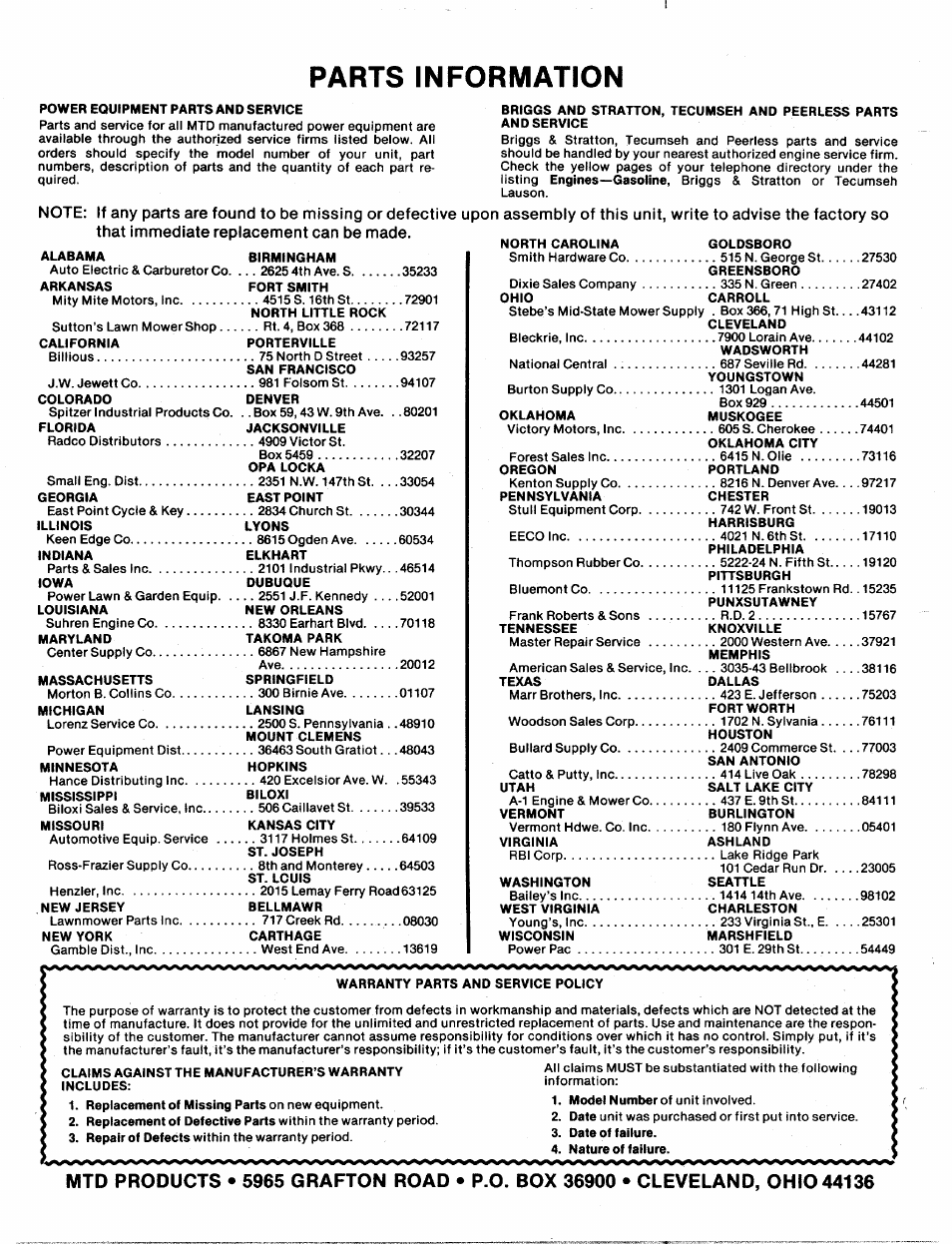 Parts information | Bolens 131-410A User Manual | Page 36 / 36