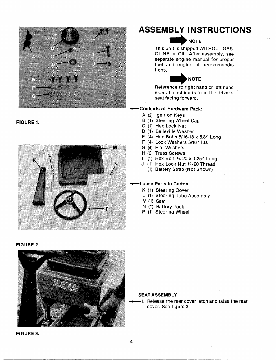 Assembly instructions, Note, Contents of hardware pack | Figure 1, Loose parts in carton, Seat assembly | Bolens 131-410A User Manual | Page 4 / 36