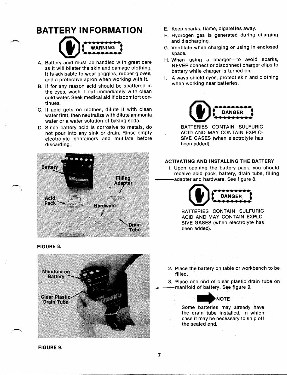 Battery information, I warning, Danger | Acid, Filling, Hardware, Drain, Activating and installing the battery, Figure 8, Note | Bolens 131-410A User Manual | Page 7 / 36