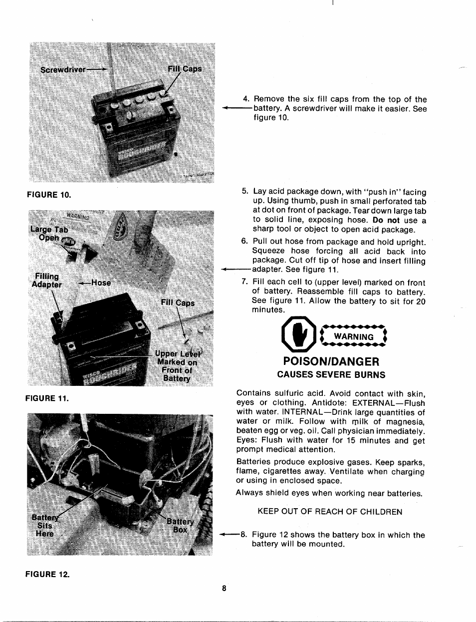 Screwdriver, Fill caps, Figure 10 | Large tab opehr, Filling, Poison/danger, Causes severe burns | Bolens 131-410A User Manual | Page 8 / 36