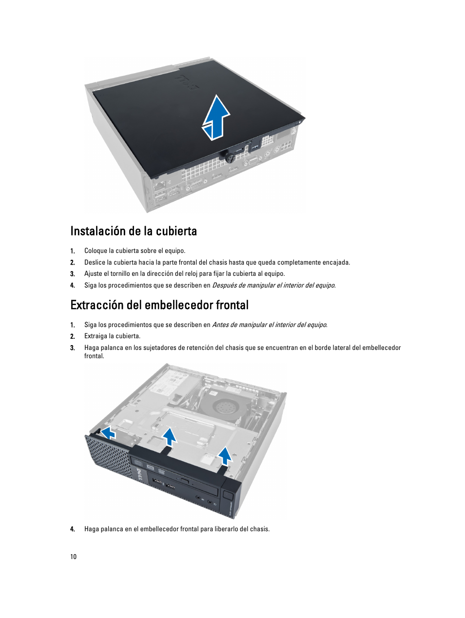 Instalación de la cubierta, Extracción del embellecedor frontal | Dell OptiPlex 9010 (Mid 2012) User Manual | Page 10 / 69