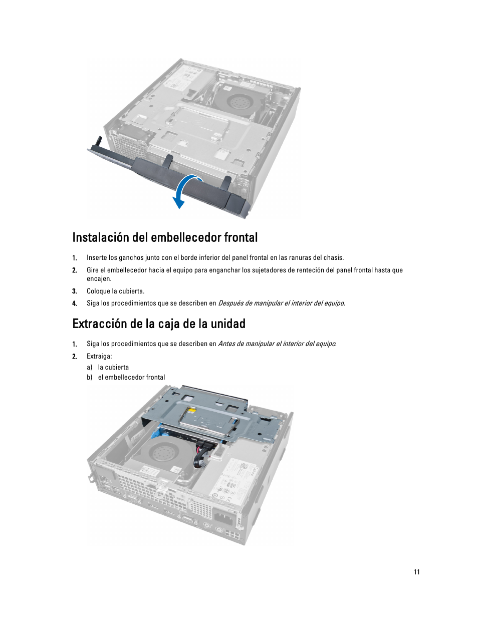 Instalación del embellecedor frontal, Extracción de la caja de la unidad | Dell OptiPlex 9010 (Mid 2012) User Manual | Page 11 / 69