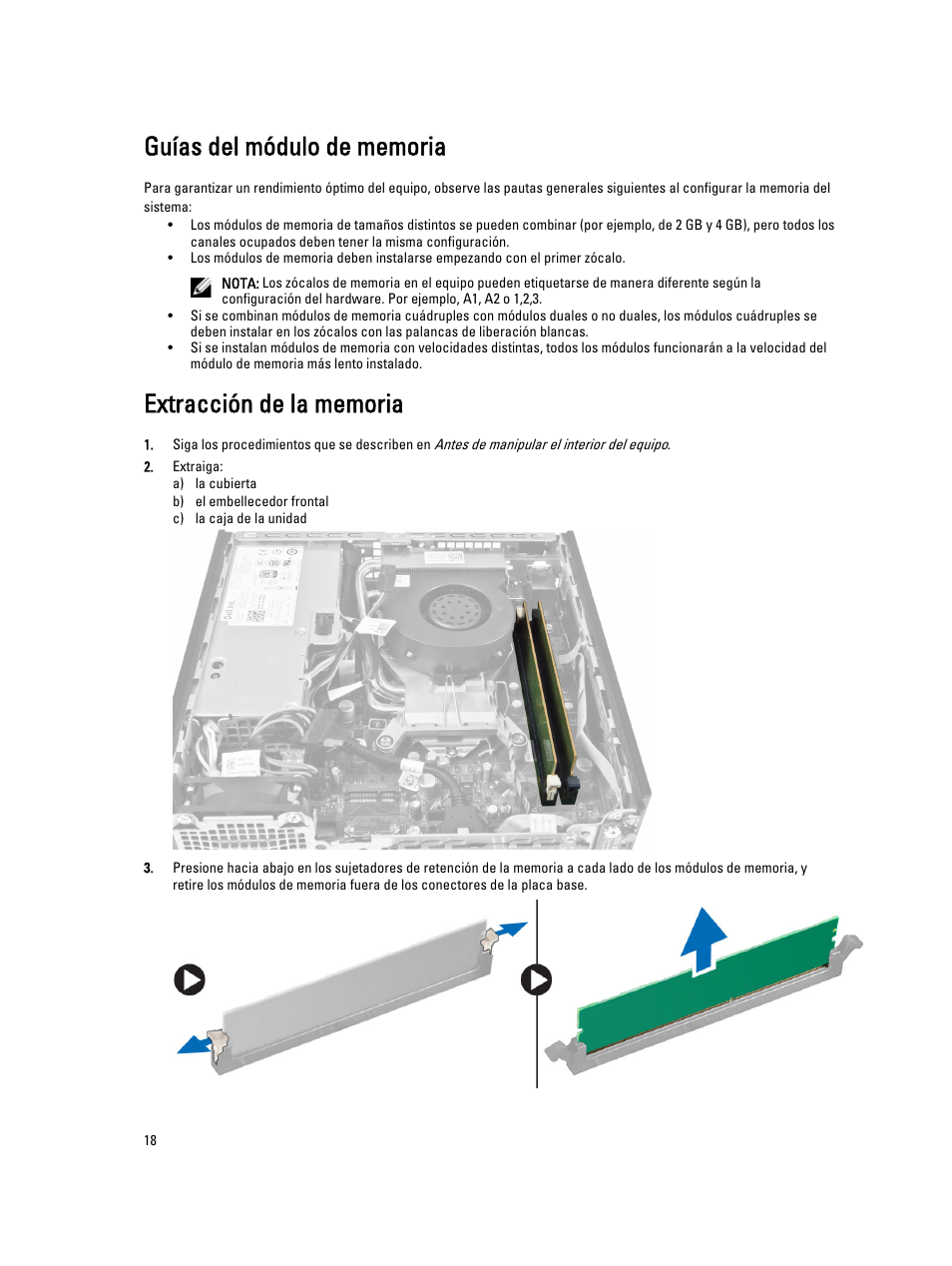 Guías del módulo de memoria, Extracción de la memoria | Dell OptiPlex 9010 (Mid 2012) User Manual | Page 18 / 69