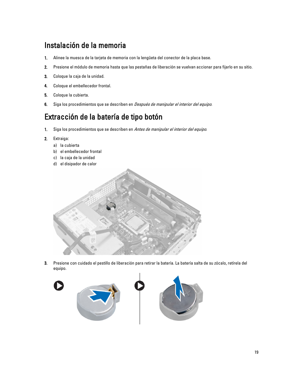 Instalación de la memoria, Extracción de la batería de tipo botón | Dell OptiPlex 9010 (Mid 2012) User Manual | Page 19 / 69