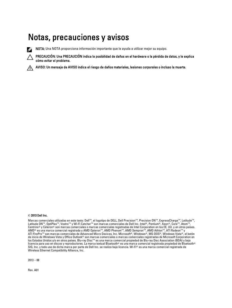 Notas, precauciones y avisos | Dell OptiPlex 9010 (Mid 2012) User Manual | Page 2 / 69