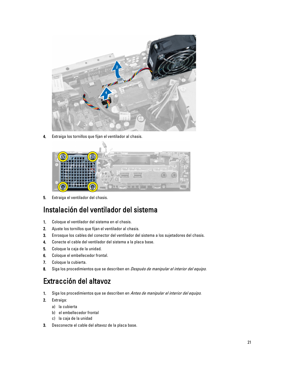 Instalación del ventilador del sistema, Extracción del altavoz | Dell OptiPlex 9010 (Mid 2012) User Manual | Page 21 / 69