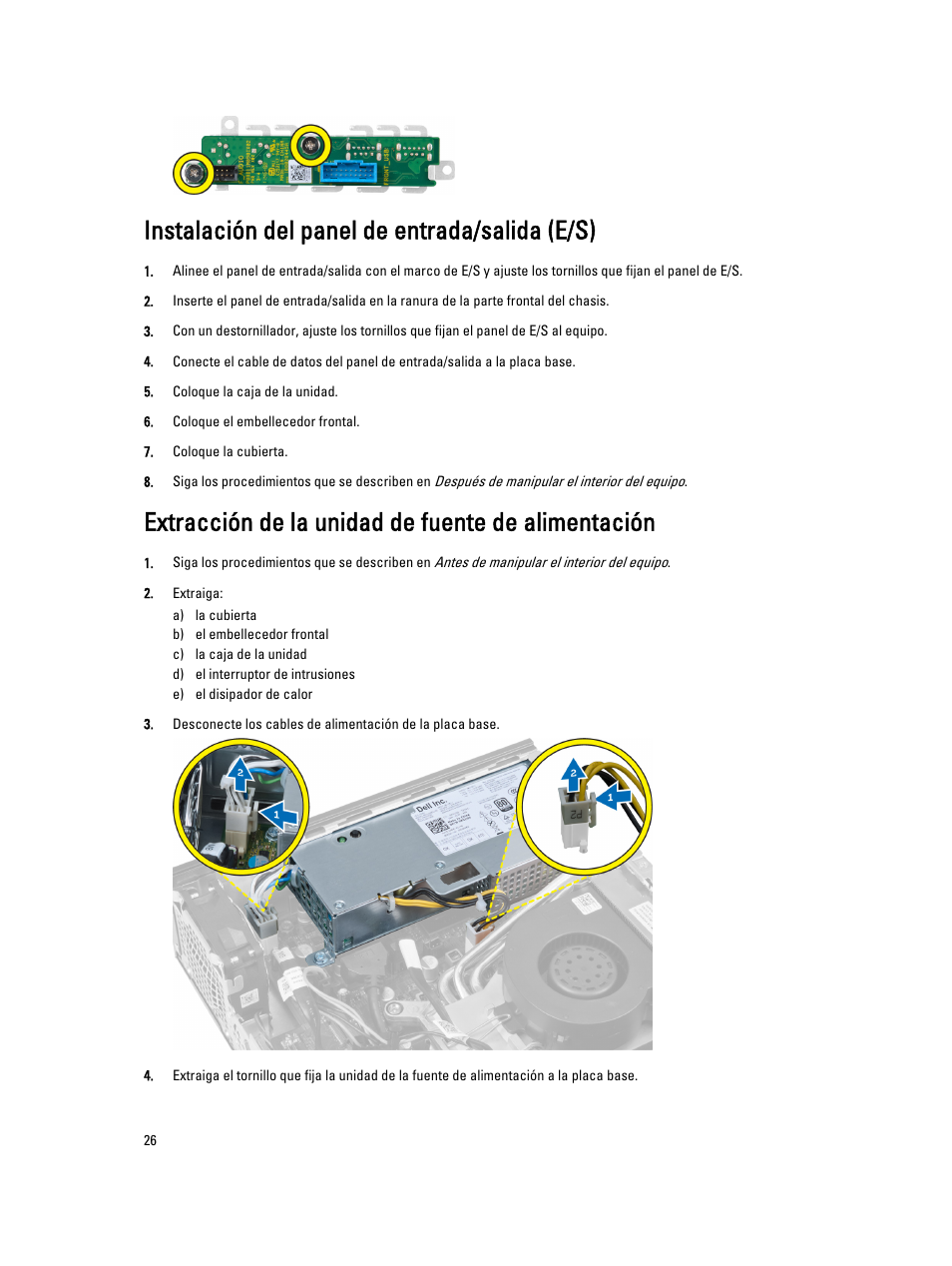 Instalación del panel de entrada/salida (e/s), Extracción de la unidad de fuente de alimentación | Dell OptiPlex 9010 (Mid 2012) User Manual | Page 26 / 69