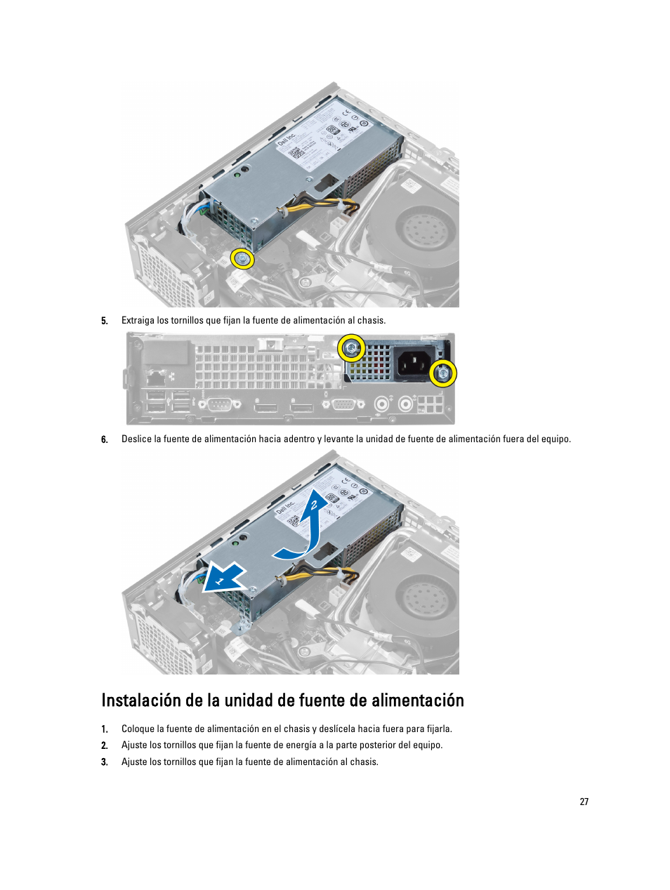 Instalación de la unidad de fuente de alimentación | Dell OptiPlex 9010 (Mid 2012) User Manual | Page 27 / 69