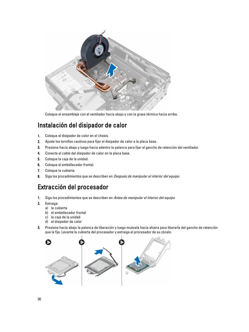 Instalación del disipador de calor, Extracción del procesador | Dell OptiPlex 9010 (Mid 2012) User Manual | Page 30 / 69