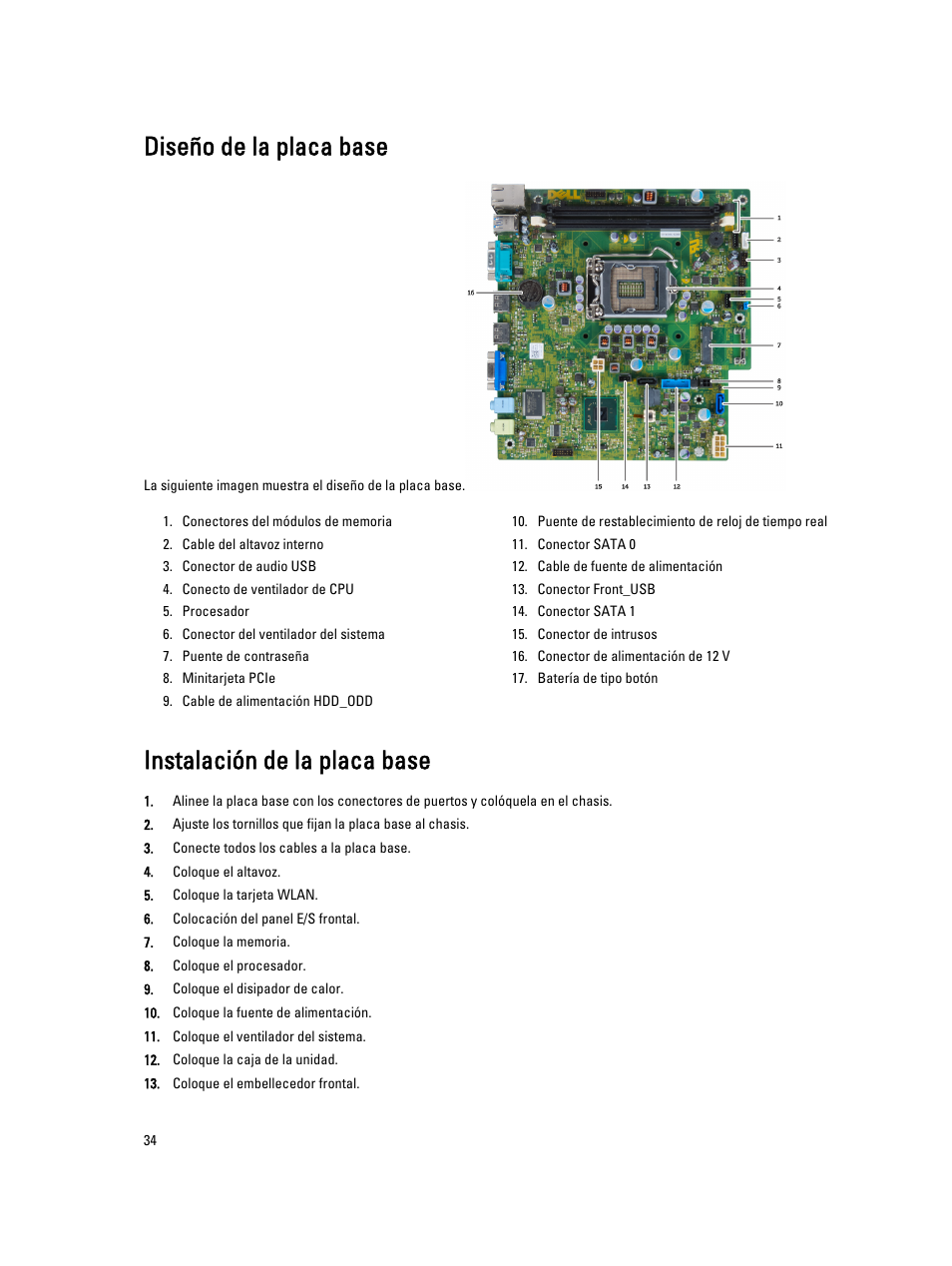 Diseño de la placa base, Instalación de la placa base | Dell OptiPlex 9010 (Mid 2012) User Manual | Page 34 / 69