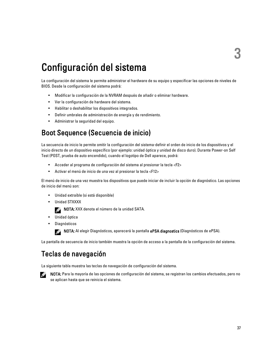 Configuración del sistema, Boot sequence (secuencia de inicio), Teclas de navegación | 3 configuración del sistema | Dell OptiPlex 9010 (Mid 2012) User Manual | Page 37 / 69