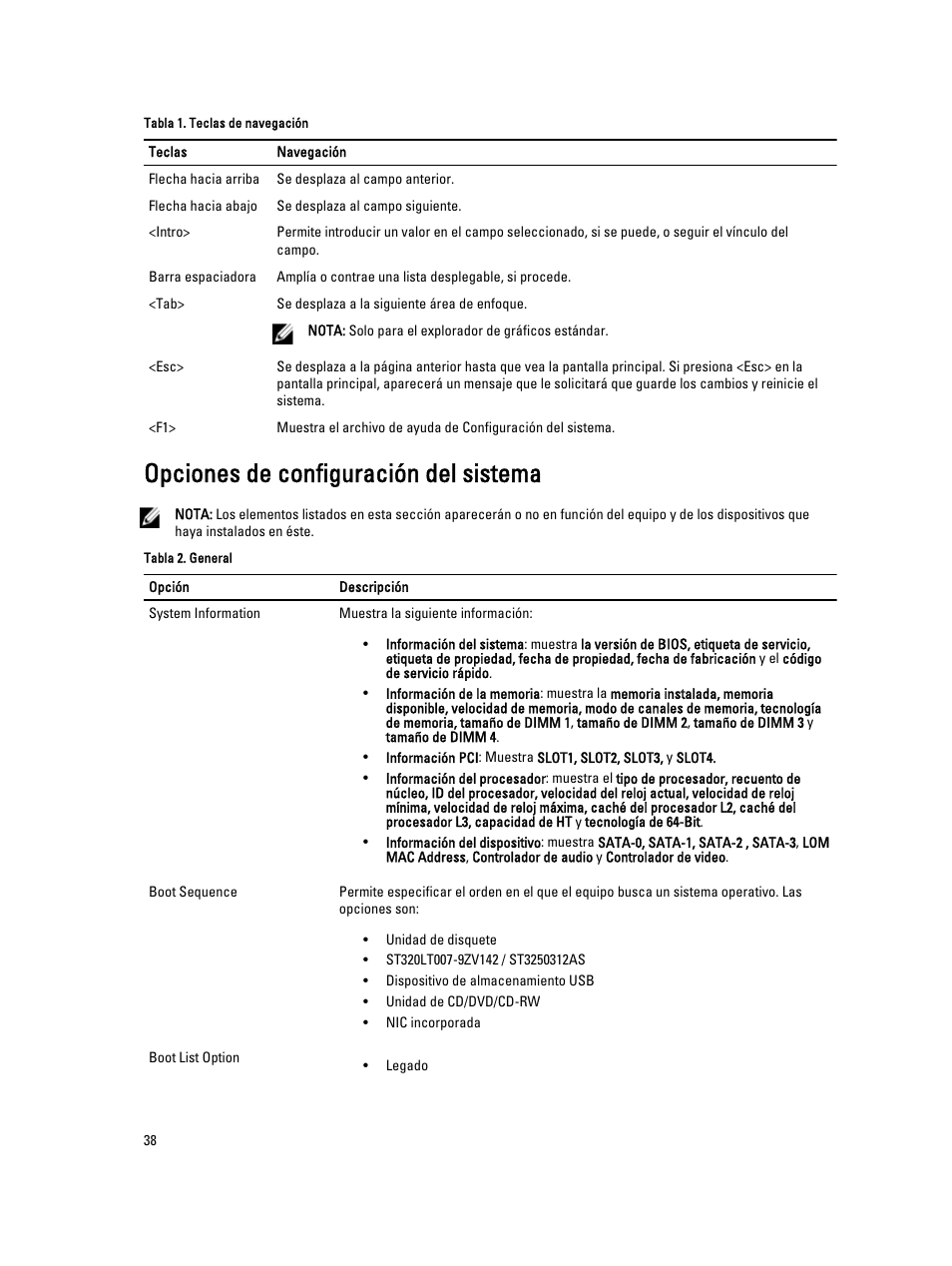 Opciones de configuración del sistema | Dell OptiPlex 9010 (Mid 2012) User Manual | Page 38 / 69