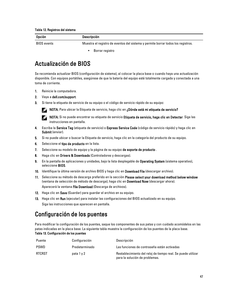 Actualización de bios, Configuración de los puentes | Dell OptiPlex 9010 (Mid 2012) User Manual | Page 47 / 69