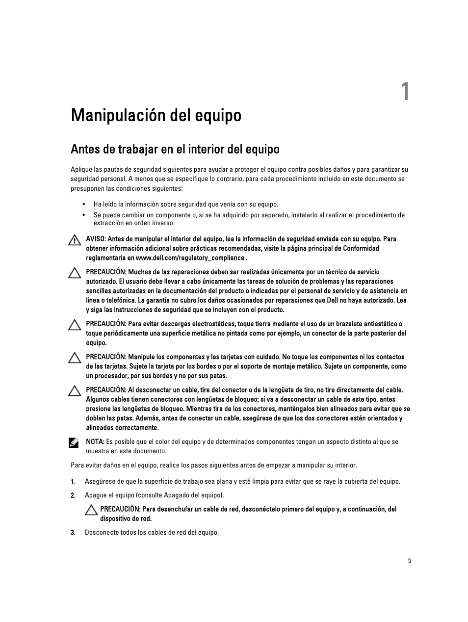 Manipulación del equipo, Antes de trabajar en el interior del equipo, 1 manipulación del equipo | Dell OptiPlex 9010 (Mid 2012) User Manual | Page 5 / 69