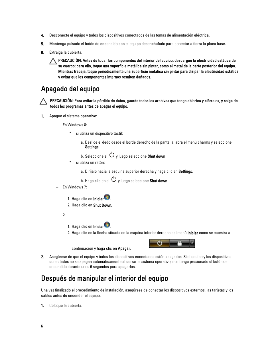 Apagado del equipo, Después de manipular el interior del equipo | Dell OptiPlex 9010 (Mid 2012) User Manual | Page 6 / 69