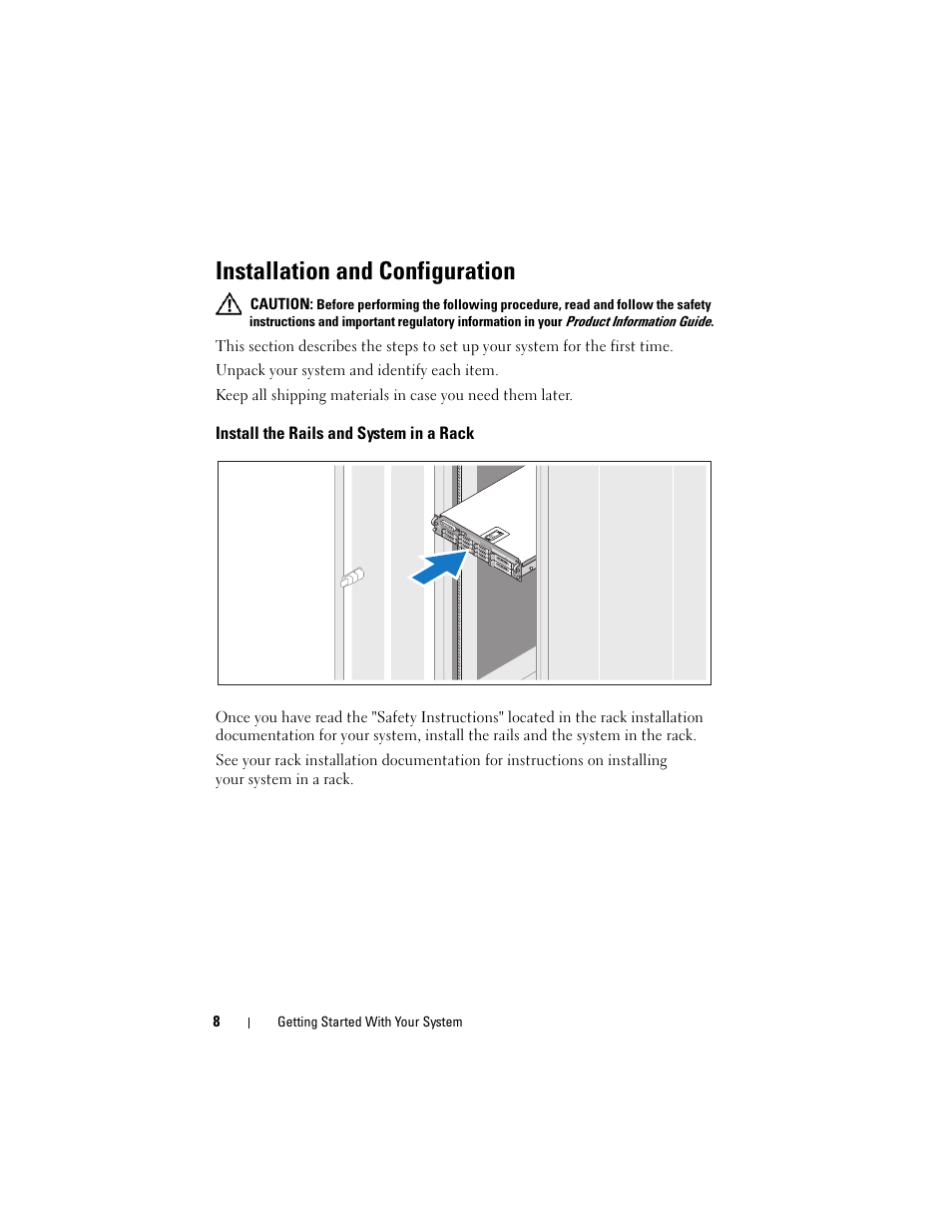 Installation and configuration, Install the rails and system in a rack | Dell PowerVault DP500 User Manual | Page 10 / 72