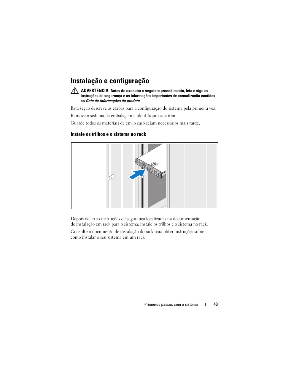 Instalação e configuração, Instale os trilhos e o sistema no rack | Dell PowerVault DP500 User Manual | Page 45 / 72