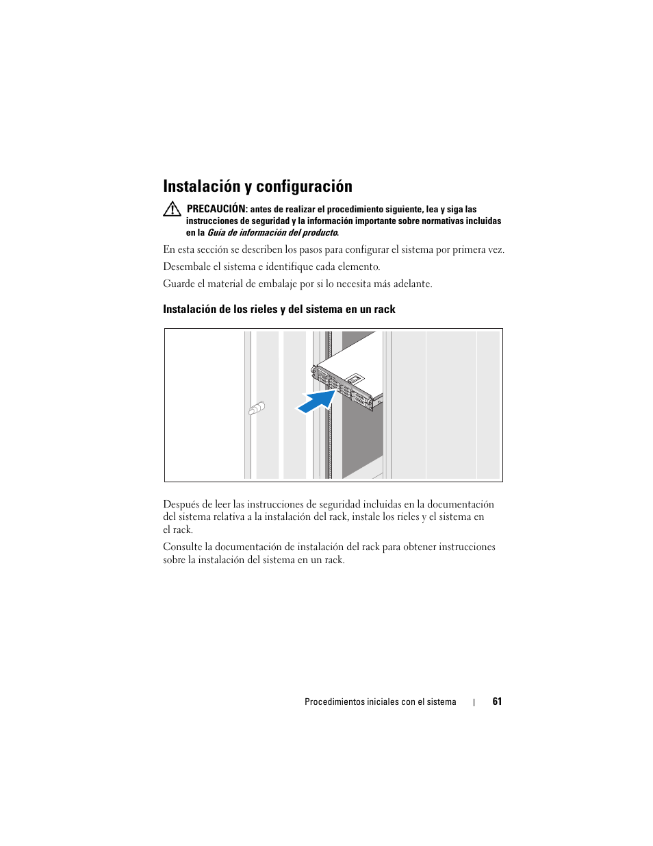 Instalación y configuración, Instalación de los rieles y del sistema en un rack | Dell PowerVault DP500 User Manual | Page 63 / 72
