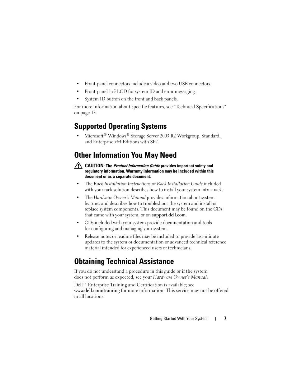 Supported operating systems, Other information you may need, Obtaining technical assistance | Dell PowerVault DP500 User Manual | Page 9 / 72