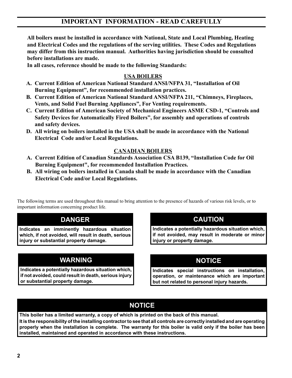 Danger, Caution, Warning | Notice, Important information - read carefully | Burnham 81433101R16-1/10 User Manual | Page 2 / 40